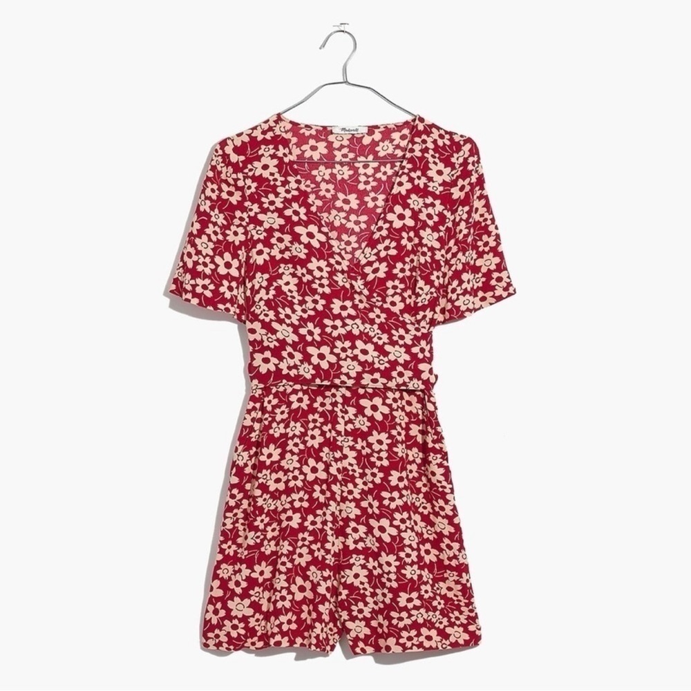 New Madewell Wrap Front Floral Romper Daisy Red Sz 8
